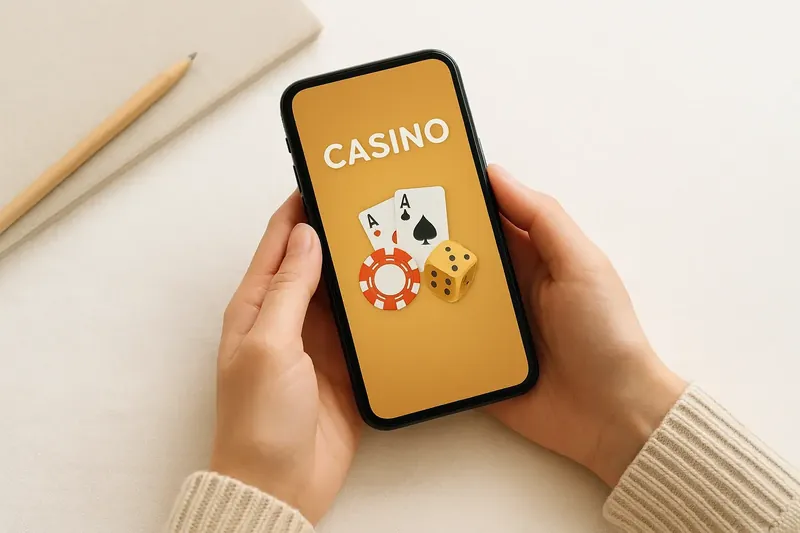 Hands holding phone with casino app above clean white desk