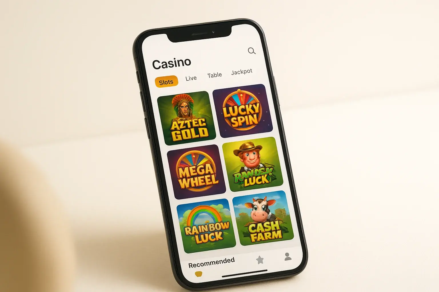 Smartphone angled on cream background showing light casino app interface