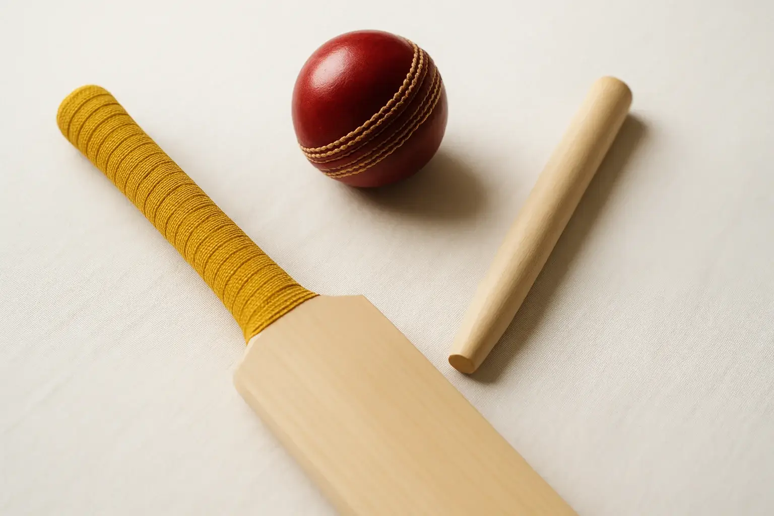 Cricket Gear Flat Lay Overhead flat lay of cricket ball, bat handle and stump