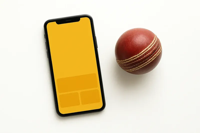 Smartphone with betting app beside cricket ball on white background
