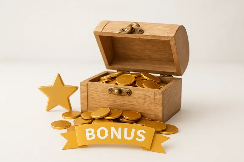 Open treasure box spilling gold coins with bonus badge and ribbon