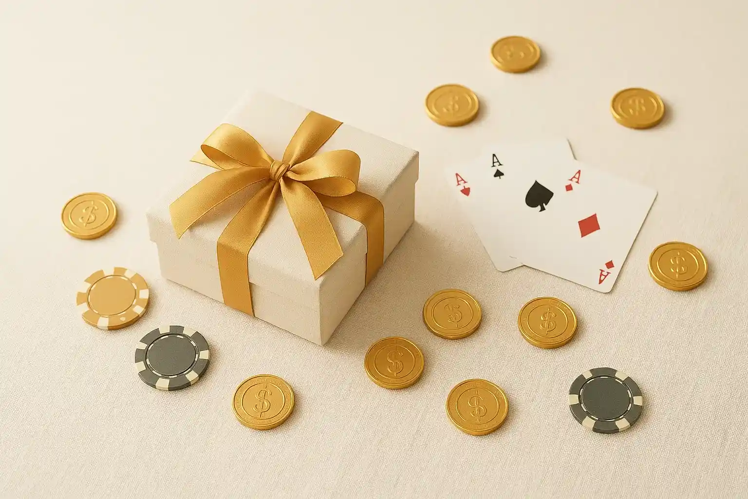Premium gift box with casino chips, cards, and gold coins
