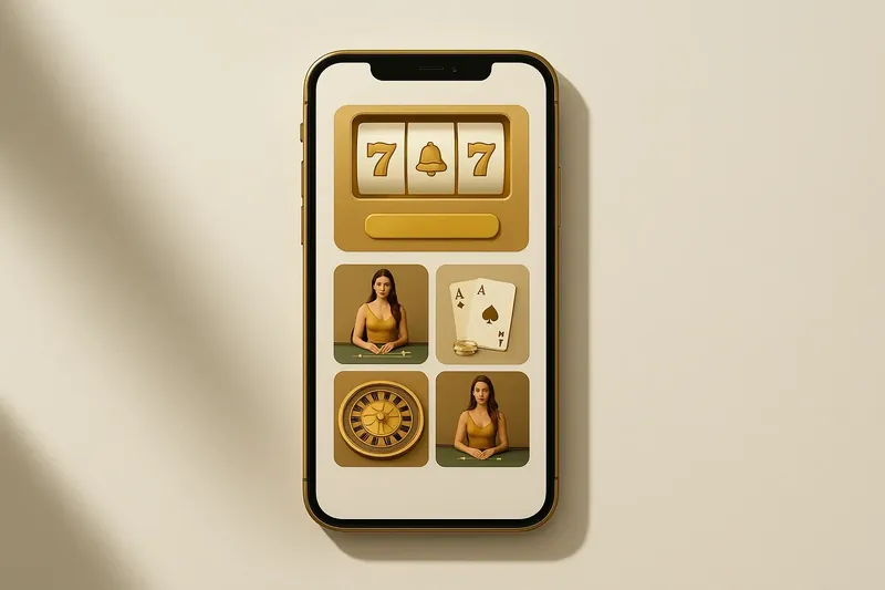 Mobile phone showing casino app with slots and live games