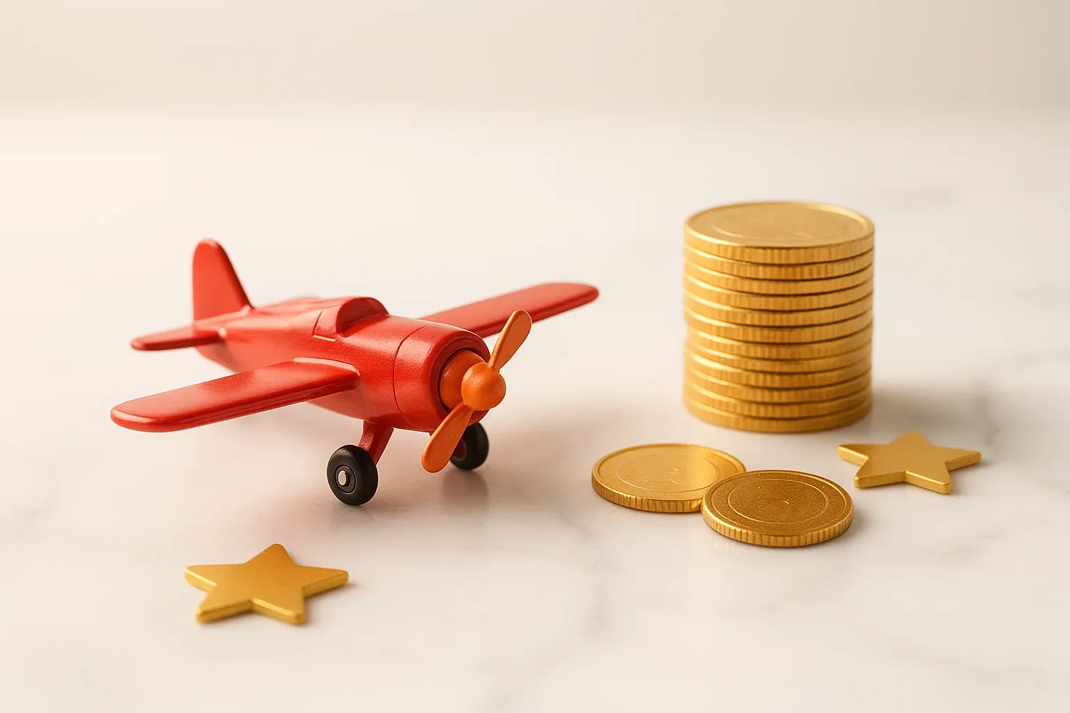 Miniature red airplane model with gold coins and star tokens