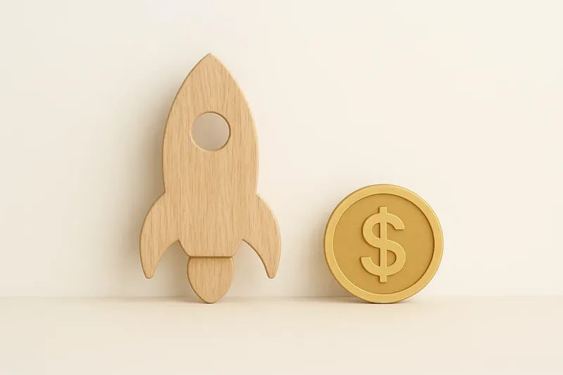 Minimalist rocket icon with gold coin on white background