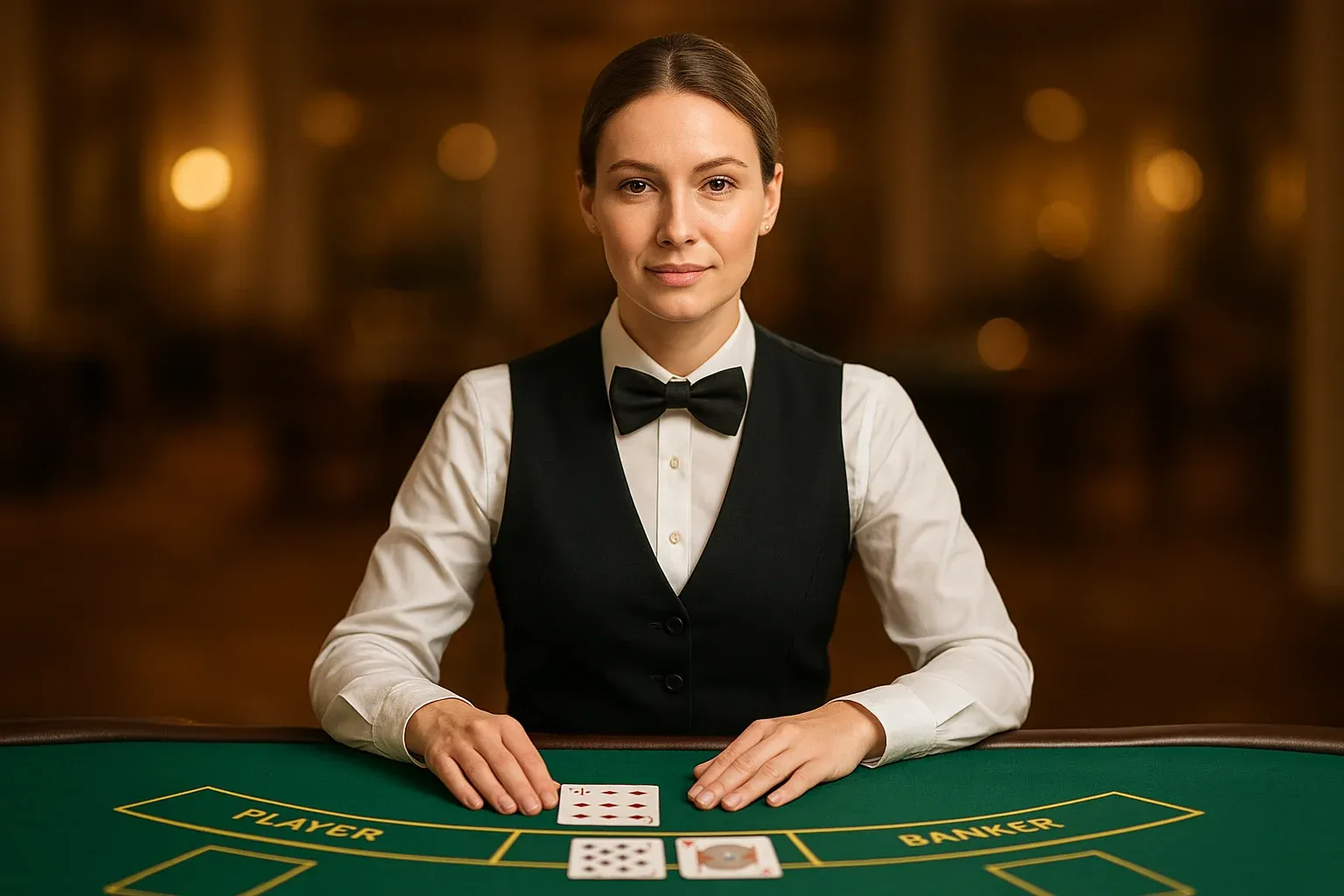Professional female dealer at elegant baccarat table in real casino atmosphere