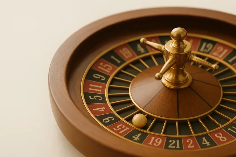 Close-up overhead of roulette wheel center with gold accents