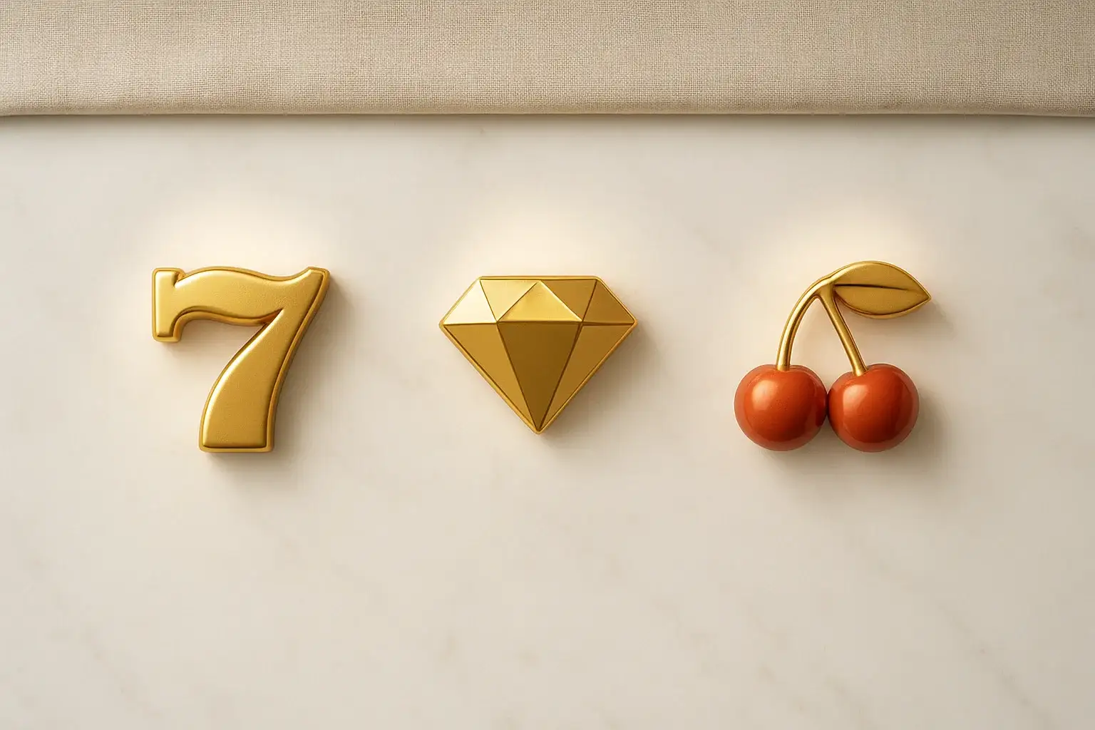 Slot Symbols Flat Lay Overhead flat lay of three polished slot symbols on white marble